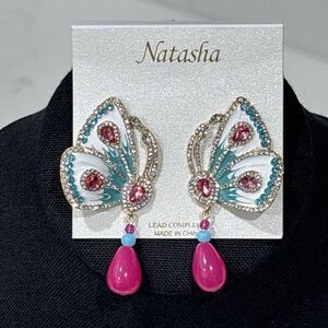 Natasha Butterfly Statement Earrings Crystal Rhinestone Enamel Dangle Spring NEW